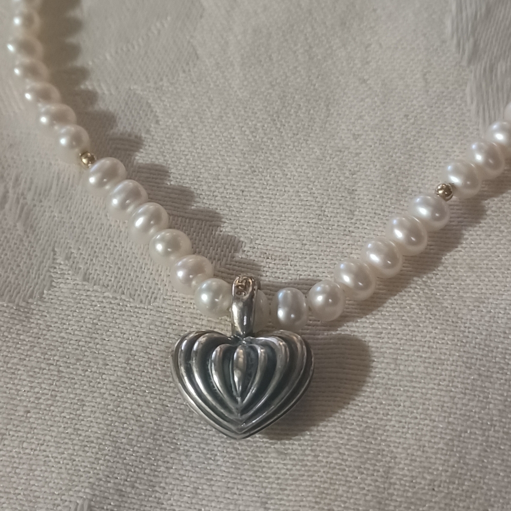 LAGOS Caviar Pearl Necklace with Fluted Heart, SS & 18k, 16" - Picture 3 of 13